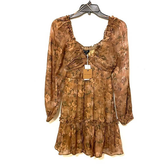 NEW Blu Pepper Sweetheart Neck Brown Watercolor Floral Ruffle Hem Dress Size S - Picture 2 of 8